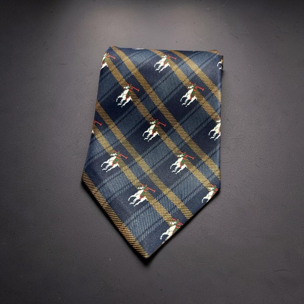RENE CHAGAL SILK TIE NAVY POLO HORSE RIDER NOVELTY EUC
